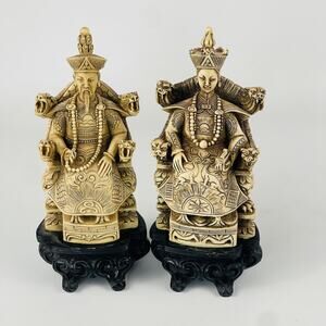 Vintage Chinese Resin Statuettes Emprorer and Empress on Dragon Thrones 7”